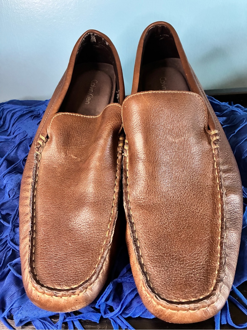 Calvin Klein Men's Chestnut Brown Leather Slip-On Loafers